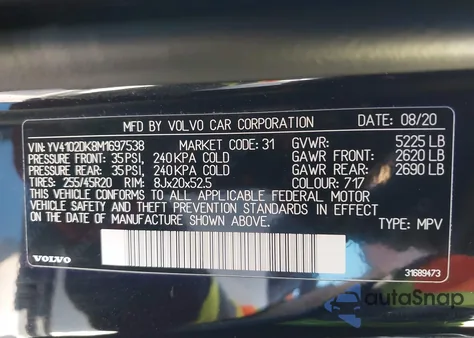 2021 Volvo Xc60 T5 Momentum из США, поврежденный, VIN YV4102DK8M1697538